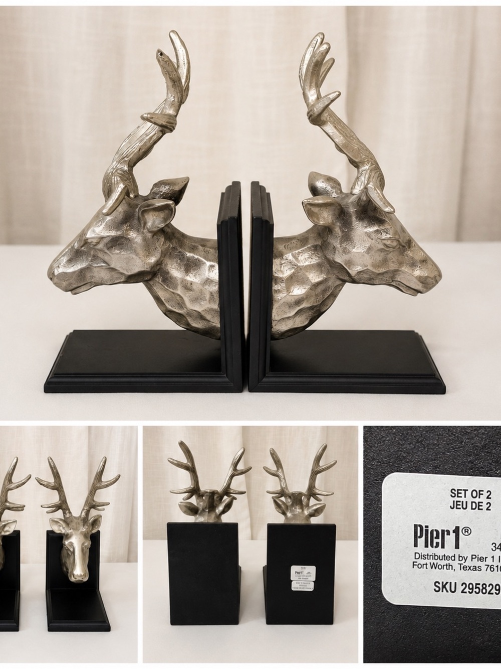 Pier 1 Silver Deer Head Bookends with Black Bases